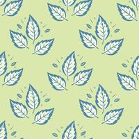 Pattern with leaves stylized doodle drawing, on soft green background. vector