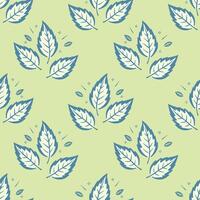 Pattern with leaves stylized doodle drawing, on soft green background. vector