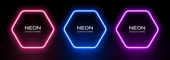 Neon light hexagon frame. Glow of shapes on a black background. Blue, pink and purple laser gradient effect. Set of fluorescent banners. vector