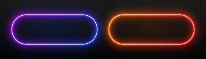 Neon rectangle light frame. Led button with glow. Laser template for text. Gradient banner with rounded corners. Fluorescent elements for the design of advertising, clubs and games. vector