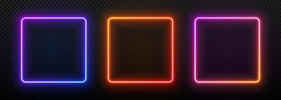 Neon light square frame. Box with led glow. Laser gradient border. Geometric fluorescent outline. Banner template with text. vector