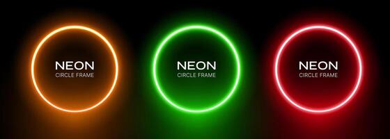 Neon round gradient. Ring frame with glow on a black background. Green, red and orange laser led circles. Set of illuminating geometric electrical spheres. vector