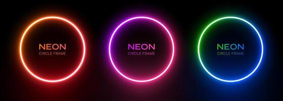 Neon round light. Circle frame with glow on a black background. Led ring gradient orange-red, purple-pink and green-blue colors. 3d laser electric portal. Template border for design with text. vector