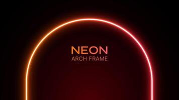 neón arco ligero. arco resplandor en un negro antecedentes. 3d láser portón con degradado. LED túnel en naranja y rojo colores. modelo para diseño con texto. vector