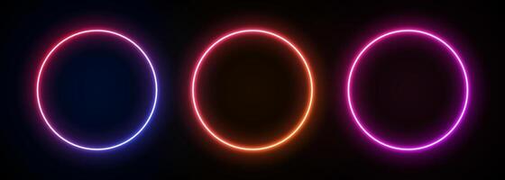 Neon round frame. Gradient led circle border on black background. 3d futuristic banner ring. Template with bright laser spheres. Electric fluorescent portals. vector