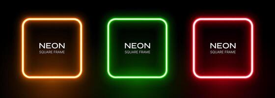 Neon light square frame. Glow box border. Green, red and orange led laser on a black background. Fluorescent banners. vector