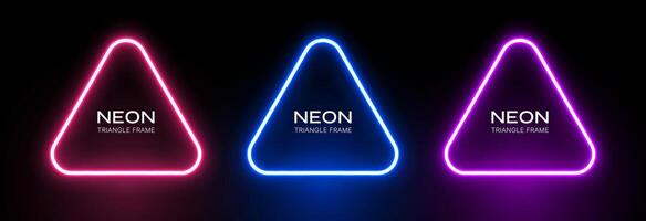 Neon light triangle. Abstract shape glow. Laser frame on a black background. Geometric led effect. Set fluorescent banners. vector