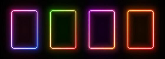 Light neon rectangle frame. Glow laser border on a black background. Led vertical box. Electric futuristic doors. Fluorescent templates for design with text. vector