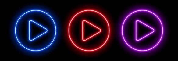 Neon play button. Glow game music icon. Laser triangle in a circle. For banner design in TV, parties and cinema. vector