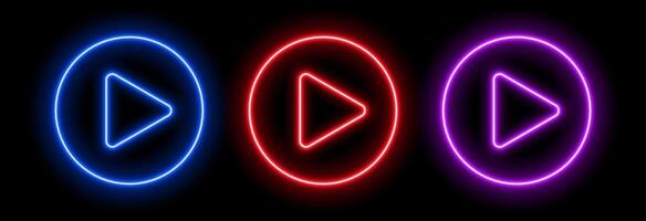 Neon play button. Glow game music icon. Laser triangle in a circle. For banner design in TV, parties and cinema. vector