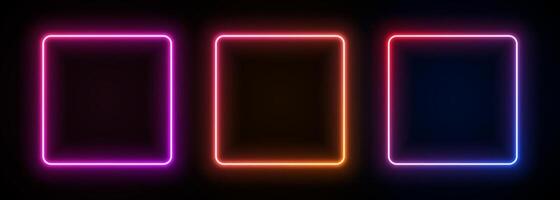 Neon square frame. Led gradient box light. Laser glow geometric border. Bright electric portal. Fluorescent template for banner with text. vector