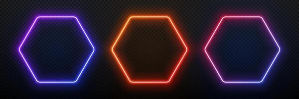 Hexagon neon light frame. 3d glow gradient geometric shape. Led laser border. Fluorescent template for design with text. vector