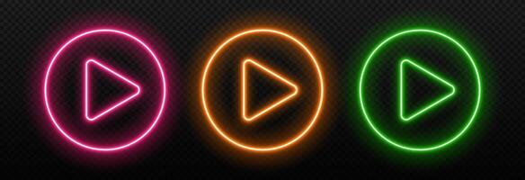 Neon light play button. Glow of the game sign. Musical laser triangle in a circle. symbol for design in clubs and cinema. vector
