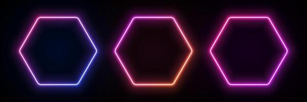 Hexagon neon frame. Light gradient border. Laser geometric shape. LED template for banners and flyers design. Fluorescent futuristic portal. vector