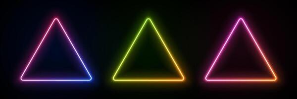 Triangle with neon light. Led glow of geometric shape. Laser frame as a template for text. Fluorescent gradient border for design. vector