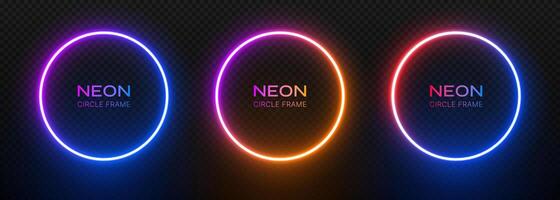 Neon round light frame. Ring border with laser glow. Led circle like a portal on a black background. Bright gradient template for design with text. vector