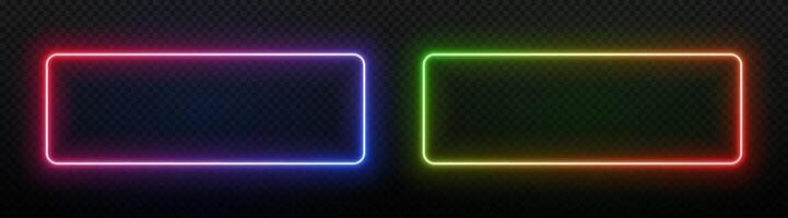 Neon rectangle frame. Border with laser light. Led glow of geometric shape. 3d electric sign with text. Futuristic template for design in technology, games and clubs. vector