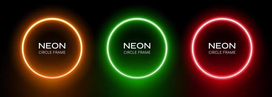 Neon round gradient. Ring frame with glow on a black background. Green, red and orange laser led circles. Set of illuminating geometric electrical spheres. vector
