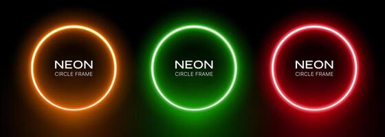 Neon round gradient. Ring frame with glow on a black background. Green, red and orange laser led circles. Set of illuminating geometric electrical spheres. vector