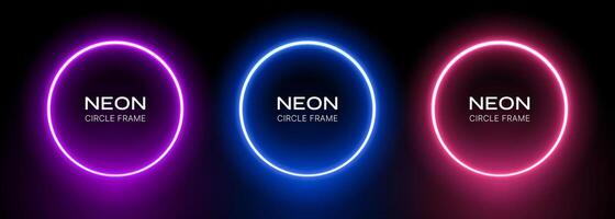 Round neon light frame. Ring abstract gradient led border. Blue, pink and violet laser circles on a black background. Bright electric set of spheres templates. vector