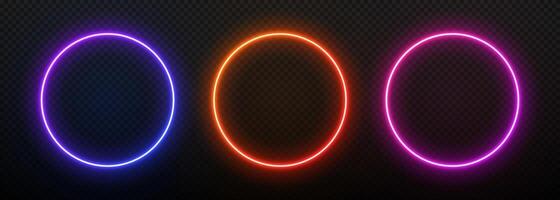 Neon light round frame. Gradient circle border with led glow. Laser bright ring. Fluorescent electric portal on a black background. Set of spheres templates for design with text. vector