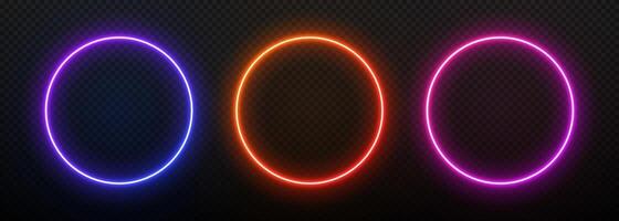 Neon light round frame. Gradient circle border with led glow. Laser bright ring. Fluorescent electric portal on a black background. Set of spheres templates for design with text. vector