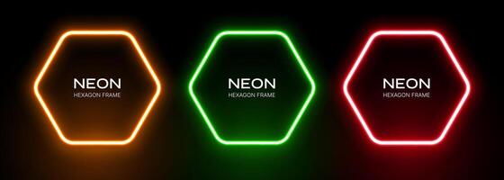Hexagon neon light. Frame with glow effect on a black background. Red, orange and green laser shape. Set of gradient fluorescent banners. vector