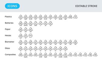 Recycling codes icons. Ecological materials symbols. Identification of signs for packaging. Collection of elements on a white background. Editable stroke. vector