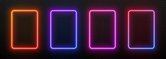 Neon light frame rectangle. Led border glow. Laser vertical box. Electric portal on a transparent black background. Template for design with text. vector
