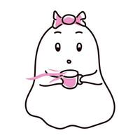 Ghost with cup of tea in doodle style. illustration isolated on a white background. vector