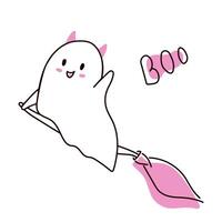 Halloween Ghost with Flying Broom in doodle style. illustration isolated on a white background. vector