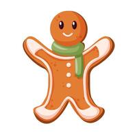 Holiday gingerbread cookie man in cartoon style. Cookie in shape of man with colored icing. Happy new year, christmas decoration, merry christmas holiday. New year and xmas celebration. vector
