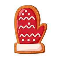 Christmas gingerbread mitten cookies in cartoon style. Winter homemade xmas sweet biscuit with candy and icing decoration. illustration isolated on a white background. vector