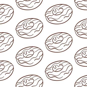 Donut pattern with vanilla icing in line art style. Doughnut simple hand drawn wallpaper for bakery and restaurant menu. illustration on a white background. vector