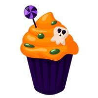 Halloween cupcake with skull, candies and orange icing. Cartoon style. Happy halloween, scary sweets. illustration isolated on white a background. vector