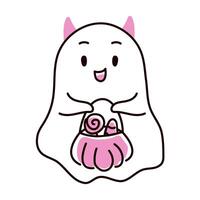 Ghost with horns and a basket of sweets in doodle style. illustration isolated on a white background. vector