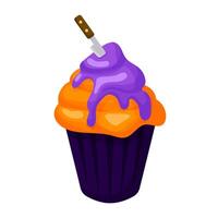 Halloween cupcake with a knife and runny icing in cartoon style. Happy Halloween cupcake. illustration isolated on a white background. vector