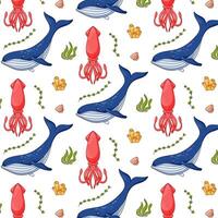 Pattern in cartoon style with sea and ocean animals, corals, seaweeds and shells. Outline squid and blue whale. illustration on a white background. vector