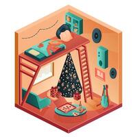 Isometric Christmas Living room with sofa and Christmas tree, bed and armchair. Musician room with guitars. illustration. vector