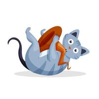 Víspera de Todos los Santos gato mordiscos sombrero. el gato mentiras en su espalda con un sombrero en su patas dibujos animados ilustración en un blanco antecedentes. vector