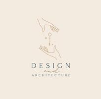 Hand with key and lettering design and architecture drawing in linear style on beige background vector