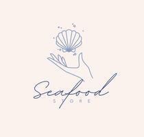 Hand with seashell and lettering seafood store drawing in linear style on beige background vector