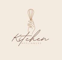 Hand holding whisk with lettering kitchen appliances drawing in linear style on beige background vector
