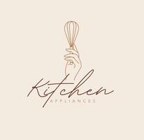 Hand holding whisk with lettering kitchen appliances drawing in linear style on beige background vector