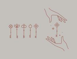 Key collection composition with hands drawing in linear style on beige background vector