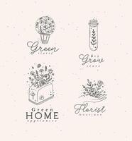 Hand drawn hot air balloon, test tube, hand, toaster labels drawing in floral style on light background vector