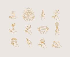 Hands with elements nail polish, pizza, pen, ink, feather, dandelion, crystal, bowl, dishes, whisk, box, pencil, seashell, envelope drawing in linear style on light background vector