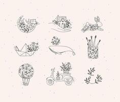 Floral elements house, cat, rabbit, origami boat, whale, glass with brushes, smartphone, scooter drawing in hand-drawing style with black on beige background vector