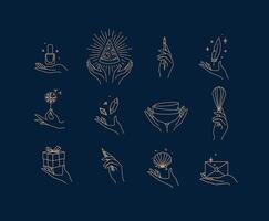 Hands with elements nail polish, pizza, pen, ink, feather, dandelion, crystal, bowl, dishes, whisk, box, pencil, seashell, envelope drawing in linear style on blue background vector