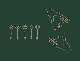 Key collection composition with hands drawing in linear style on green background vector